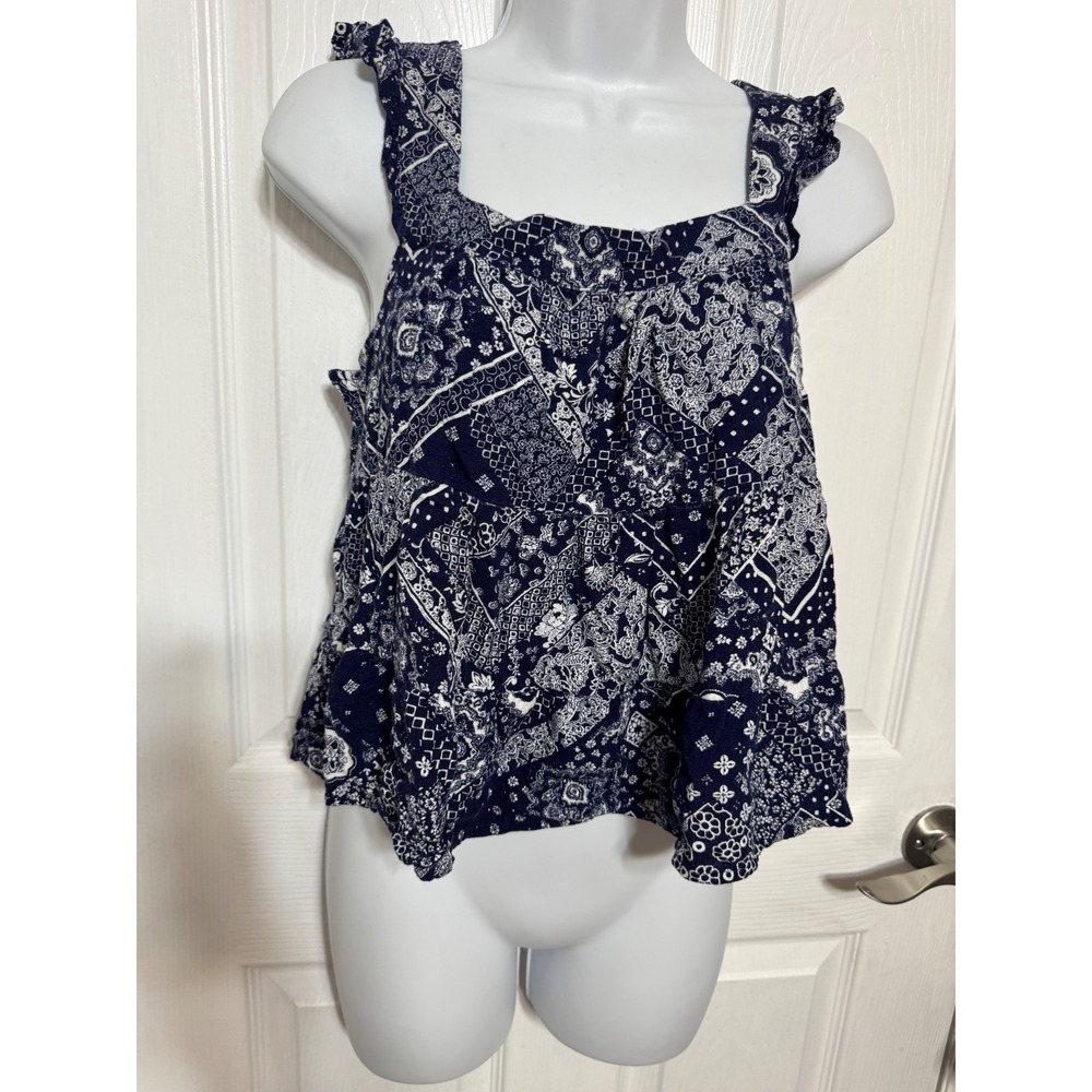 Monteau Los Angeles Navy White Bandana Patchwork Ruffle Strap Peplum Top M